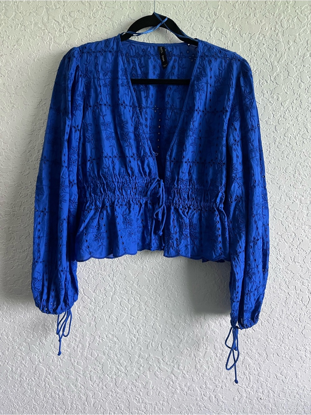 Mango Royal Blue Eyelet Tie-Front Peplum Blouse